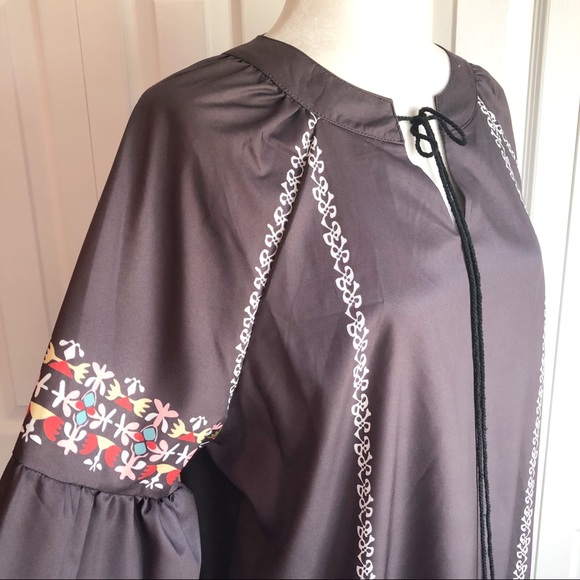 Misslook Gray Boho Print Long Sleeve Oversized Peasant Blouse - Picture 3 of 13